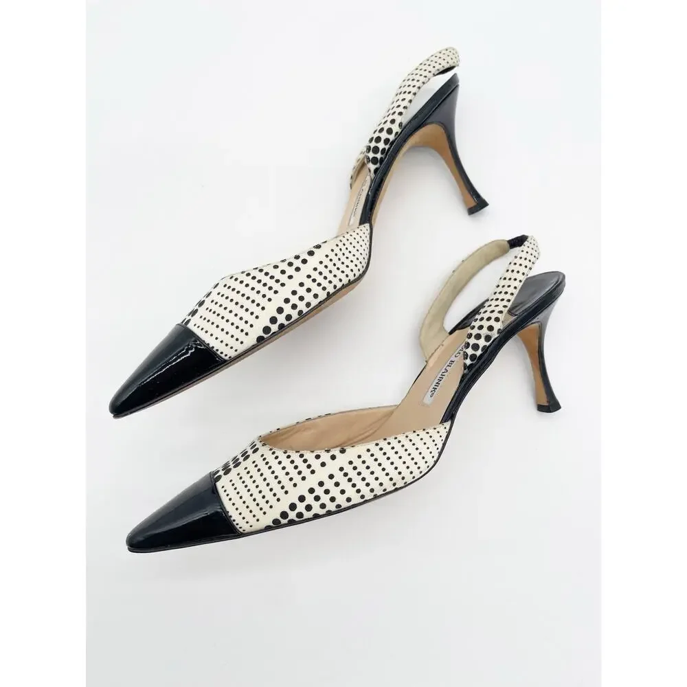 Manolo Blahnik Vintage Black White Polka Dot Cap Toe Slingback Heels IT 42